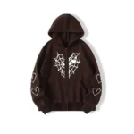 Sp5der Zipper Web & Heart Print Hoodie Brown