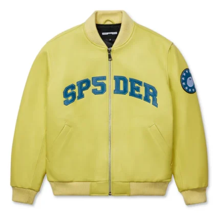 Sp5der Yellow Leather Logo Bomber Jacket